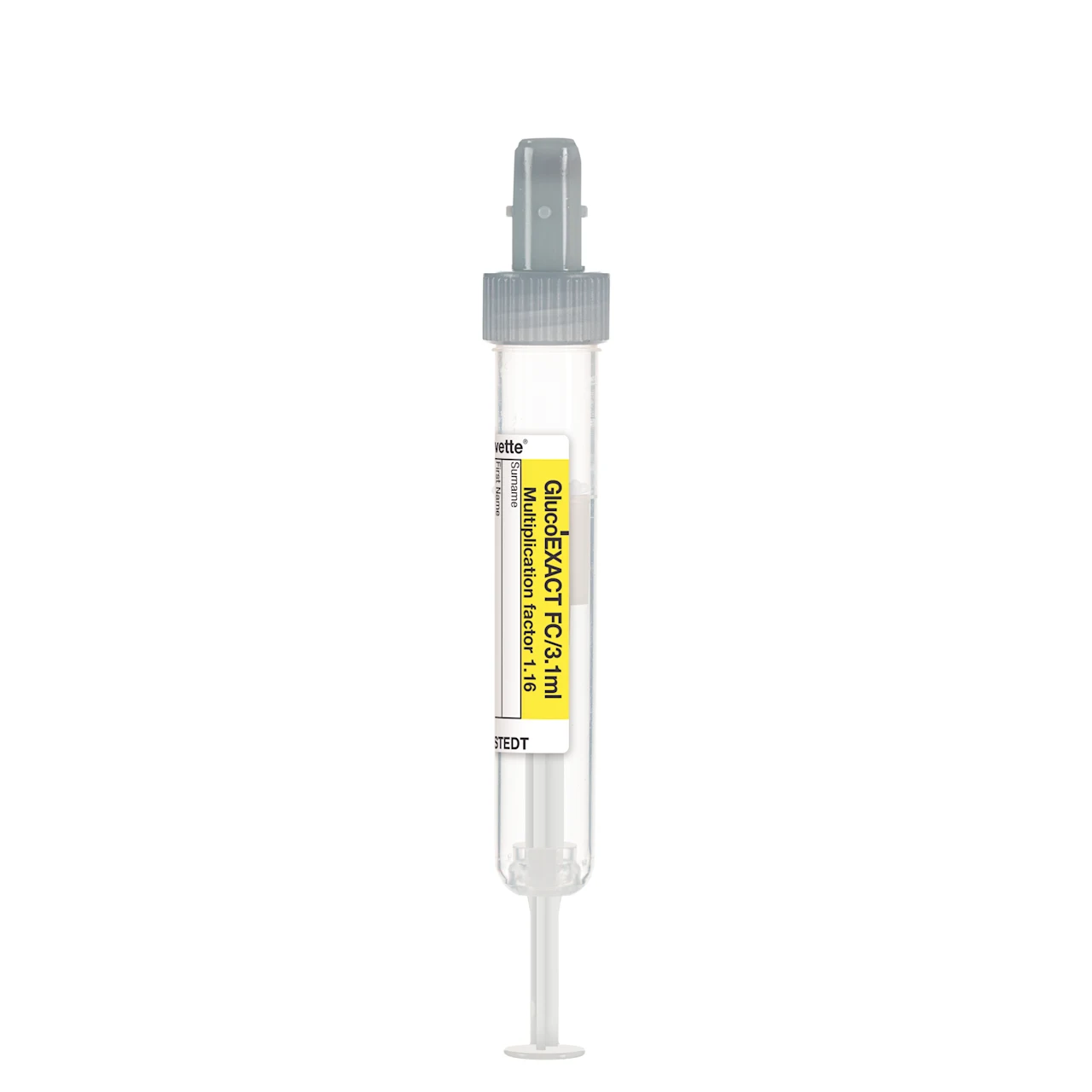 S-Monovette® GlucoEXACT FC, 3,1 ml, キャップ 灰色, (LxØ)： 75 x 13 mm, 紙ラベル付き