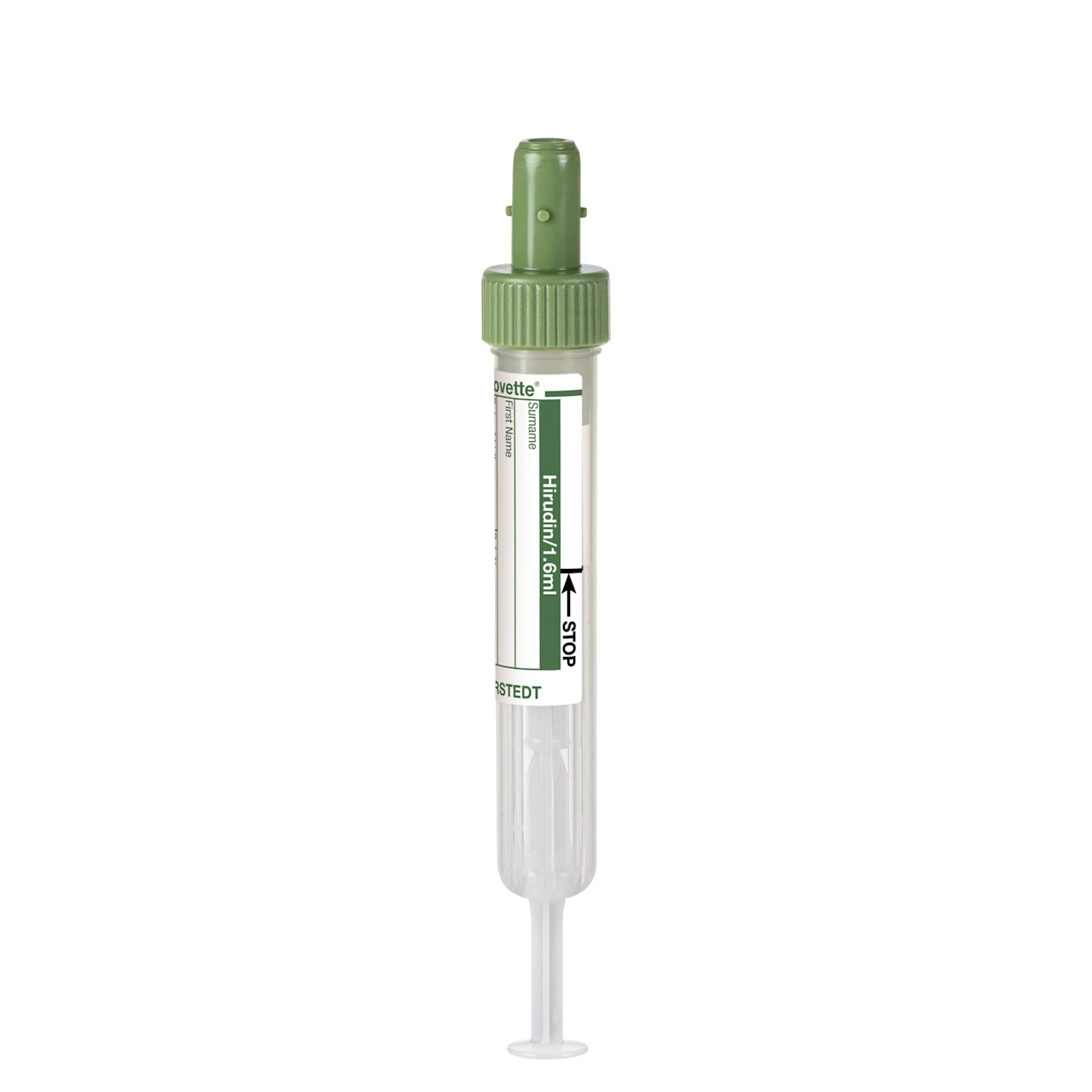 S-Monovette® ヒルディン, 1,6 ml, キャップ ダークグリーン, (LxØ)： 75 x 13 mm, 紙ラベル付き