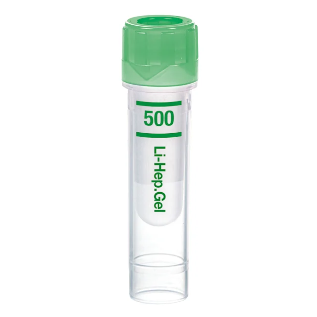 Microvette® 500 литий-гепариновый гель LH, 500 µl, Крышка зеленый(-ая), Круглое дно с юбкой устойчивости