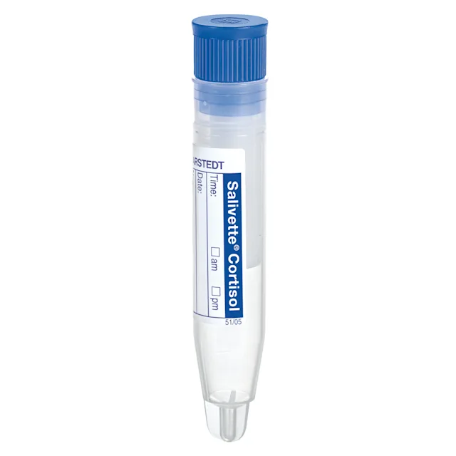 Salivette® Cortisol, mit Kunstfaserrolle, Verschluss: blau, mit Papieretikett