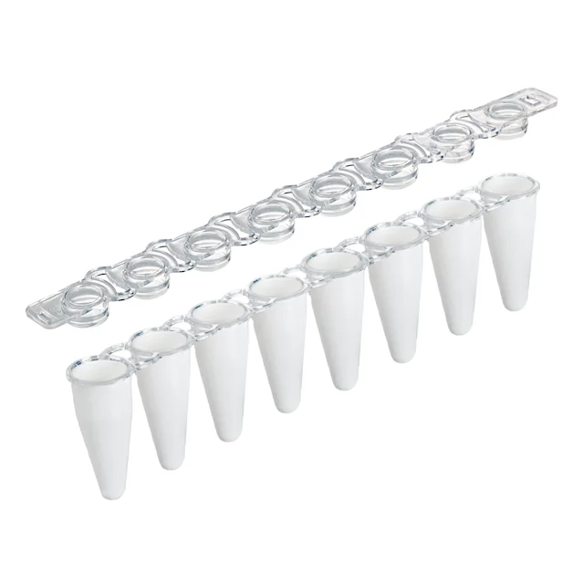 Barrette PCR 8 puits, 100 µl, PCR Performance Tested, blanc, PP, bouchon plate