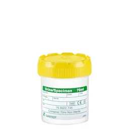 Urine container, max. volume: 70 ml, (LxØ): 55 x 44 mm, graduated, PP, transparent, with paper label