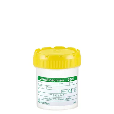 Urine container, max. volume: 70 ml, (LxØ): 55 x 44 mm, graduated, PP, transparent, with paper label