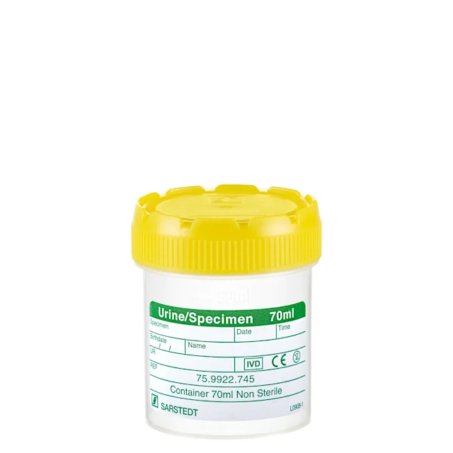 Pot de recueil des urines, volume max. : 70 ml, (L x Ø) : 55 x 44 mm, gradué(e), PP, transparent, avec étiquette papier