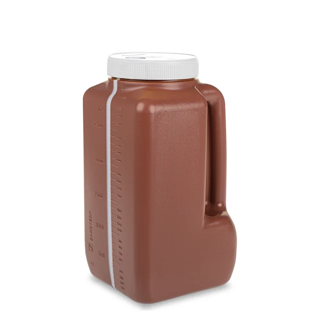 Flacon de recueil d’urine NFT, 3 l, avec dispositif de transfert intégré sans aiguille, marron, avec protection solaire, gradué(e)