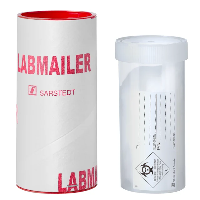 Transport packaging, LabMailer Small, with absorbent liner, length: 82 mm, Ø opening: 78 mm, cap assembled