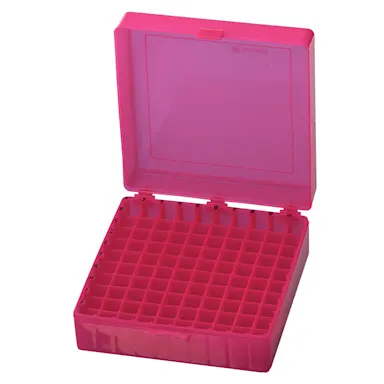 Storage box, hinged lid, PP, format: 10 x 10, for 100 collection tubes