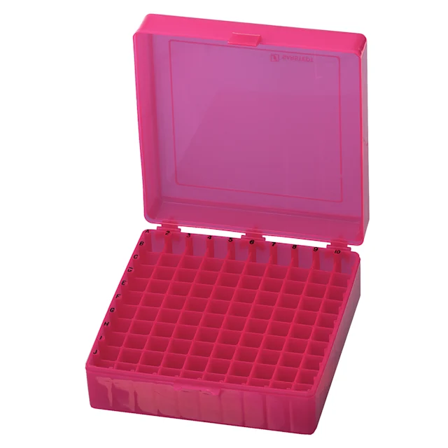 Boîte de stockage, couvercle à charnière, PP, format : 10 x 10, pour 100 tubes