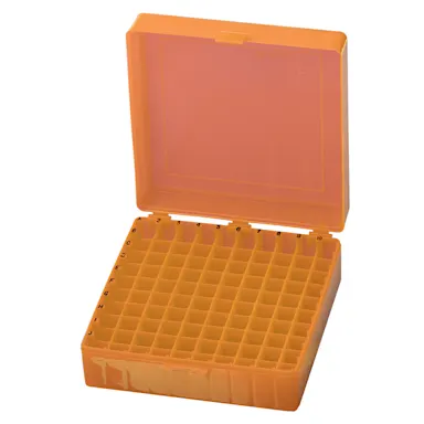 Storage box, hinged lid, PP, format: 10 x 10, for 100 collection tubes