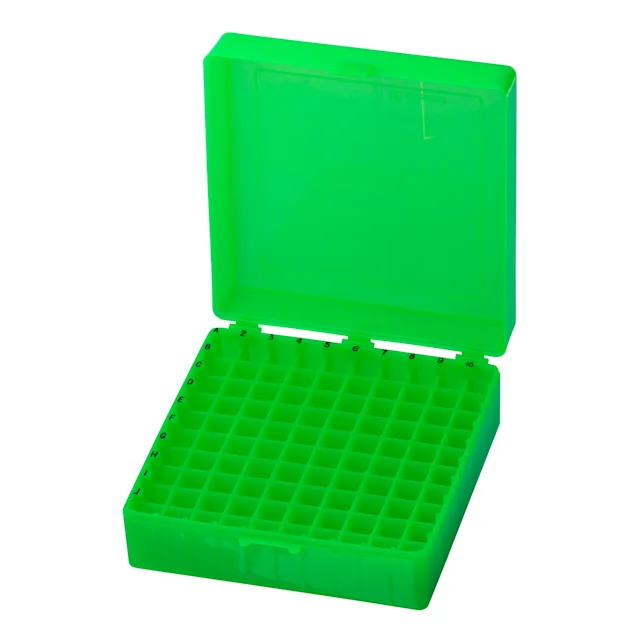 Boîte de stockage, couvercle à charnière, PP, format : 10 x 10, pour 100 tubes