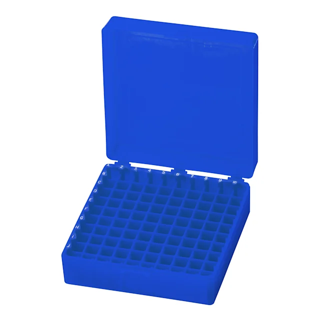 Boîte de stockage, couvercle à charnière, PP, format : 10 x 10, pour 100 tubes