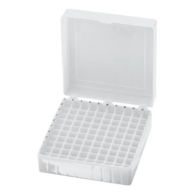 Storage box, hinged lid, PP, format: 10 x 10, for 100 collection tubes