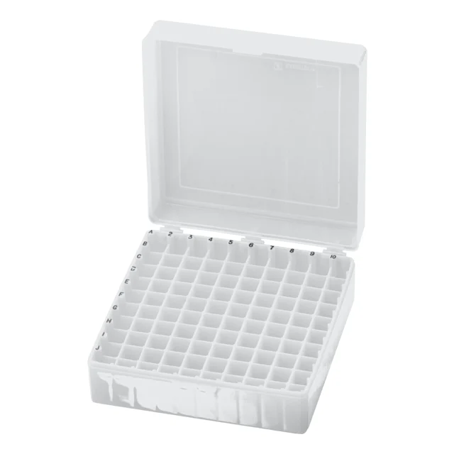 Boîte de stockage, couvercle à charnière, PP, format : 10 x 10, pour 100 tubes
