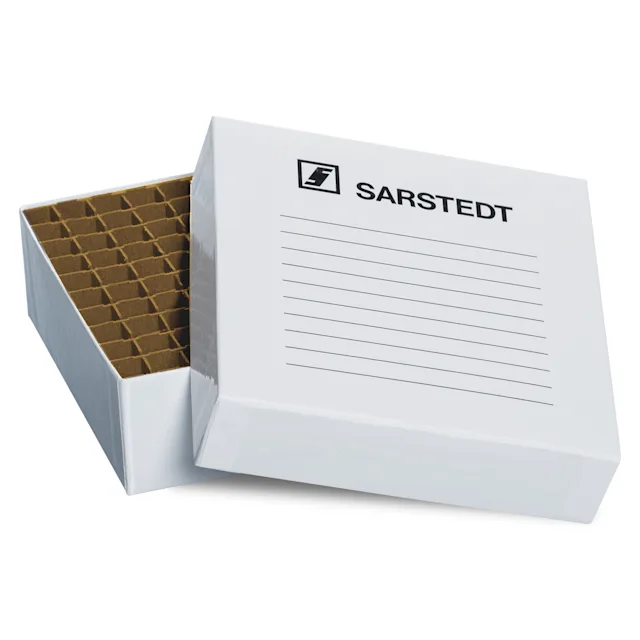 Caja de almacenamiento, tapa superior encajada, cartón, dimensión modular: 8 x 8, para 64 recipientes