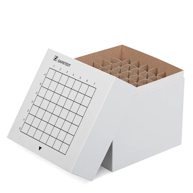 Caja de almacenamiento, tapa superior encajada, cartón, dimensión modular: 7 x 7, para 49 recipientes