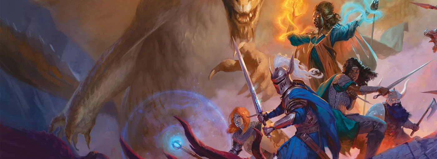 Družina dobrodruhů a zlatý drak v ilustraci Dungeons & Dragons
