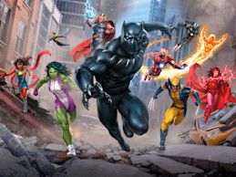 Thumbnail image for website. Features Black Panther, Wolverine, She-Hulk, Thor, Scarlet Witch, Human Torch, Iron Man, Ms. Marvel, Wasp.