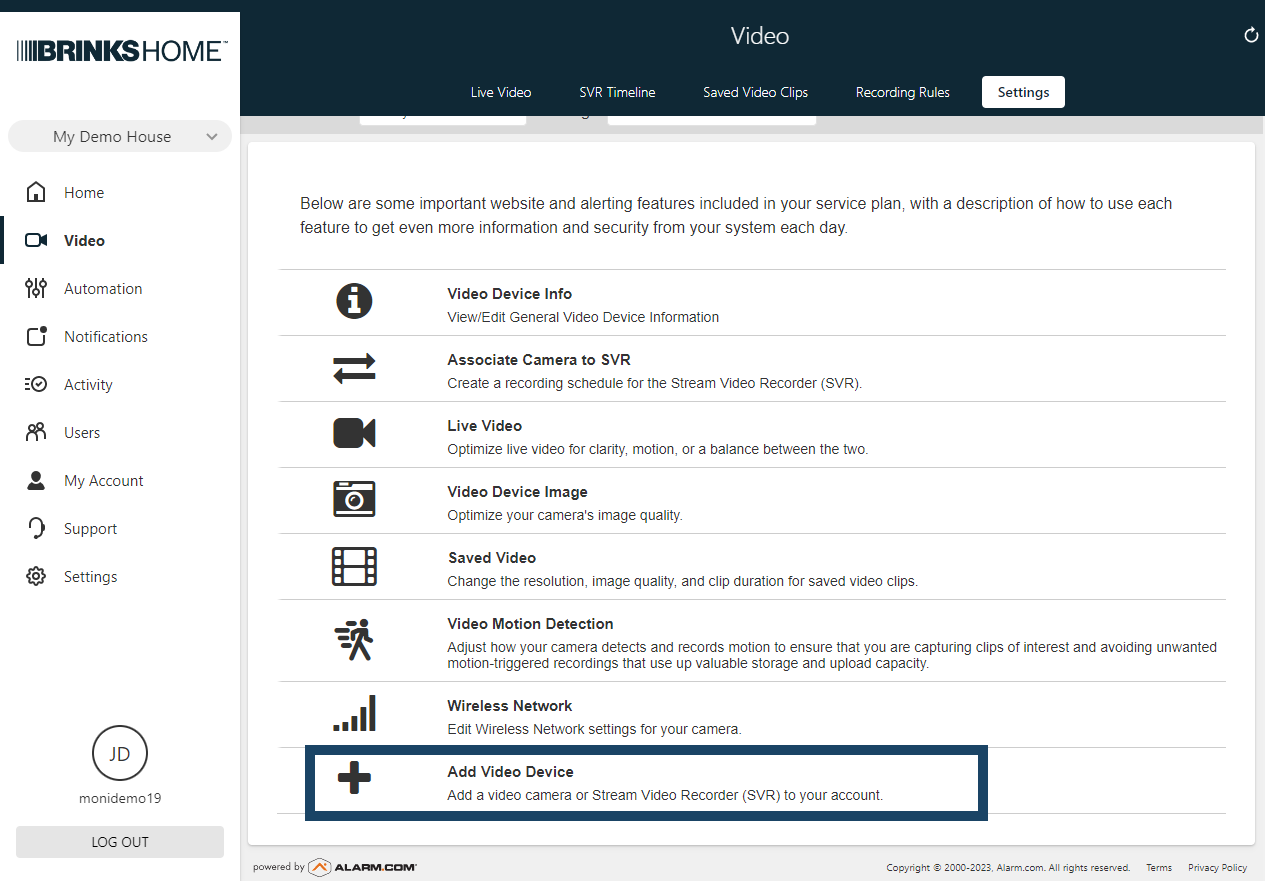 003 Brinks Home App - Videos Settings Add Video Device