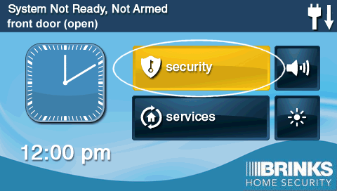 GoControl 2 panel screen with the Security button circled