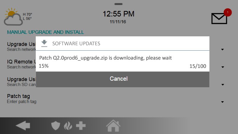 The Qoysls IQ2 panel Upgrade Software screen with a popup window indicating a software update is downloading