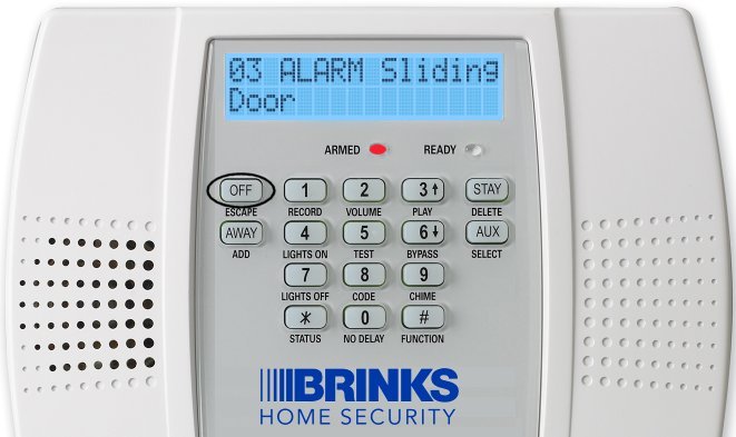 A Lynx Plus panel with ALARM Sliding door indicated on the screen and the OFF button circled