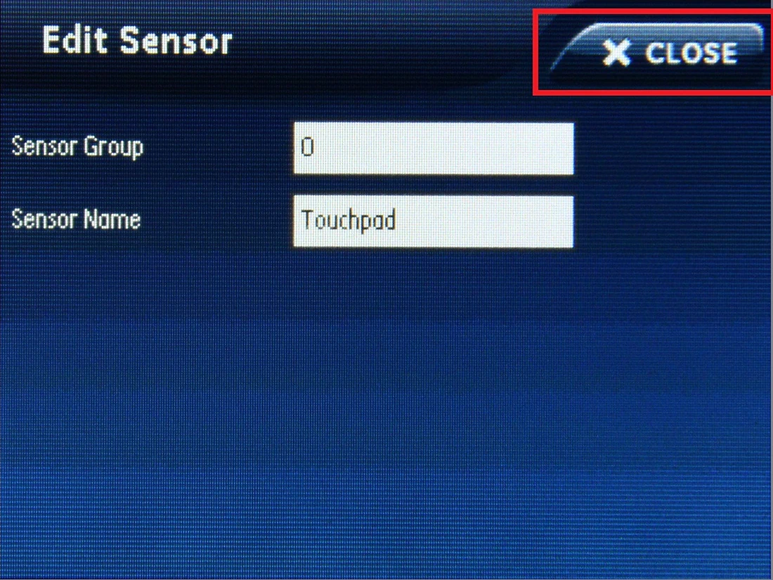 the Simon XTi edit sensor screen with a red square around the close button