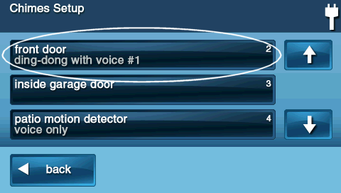 GoControl 2 panel Chimes Setup screen with the Front Door button circled