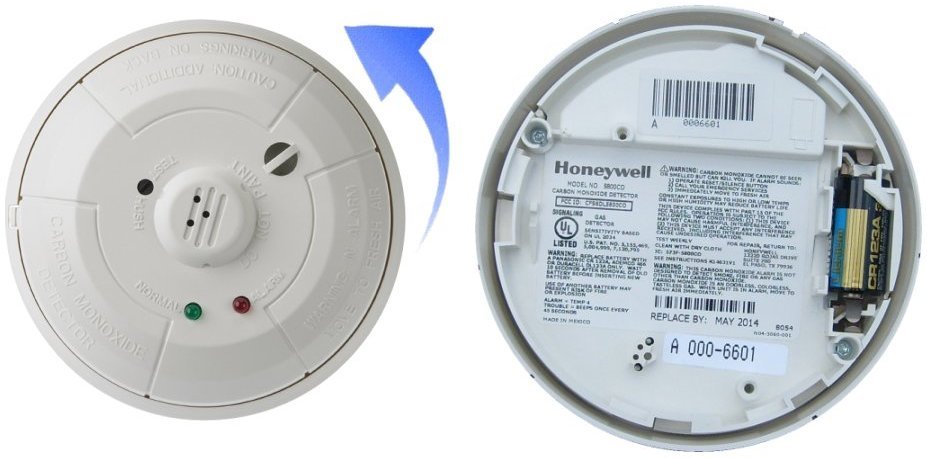 Two images of a Honeywell carbon monoxide detector, the left showing the cover on with an arrow indicating the direction to remove it and the right showing the location of the CR123A Lithium battery within