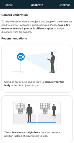 The Brinks Home mobile app Camera Calibration screen with instructions and images indicating steps to take to calibrate a camera