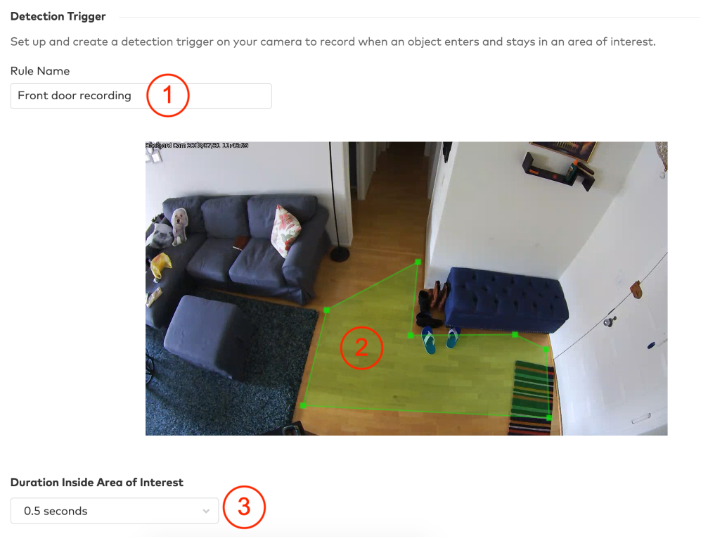 The Brinks Home desktop app Detection Trigger screen with a 1 in a red circle over the Rule Name, a 2 in a red circle over a green polygon drawn over the floor area of the video image, and a 3 in a red circle over the Duration Inside Area of Interest dropdown