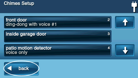 GoControl 2 panel Chimes Setup screen with the Back button with a left arrow icon circled