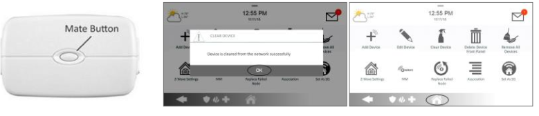 a series of pictures of the IQ2 screen showing how to activate the z-wave device to remove it from the panel, and the panel showing the device has been removed