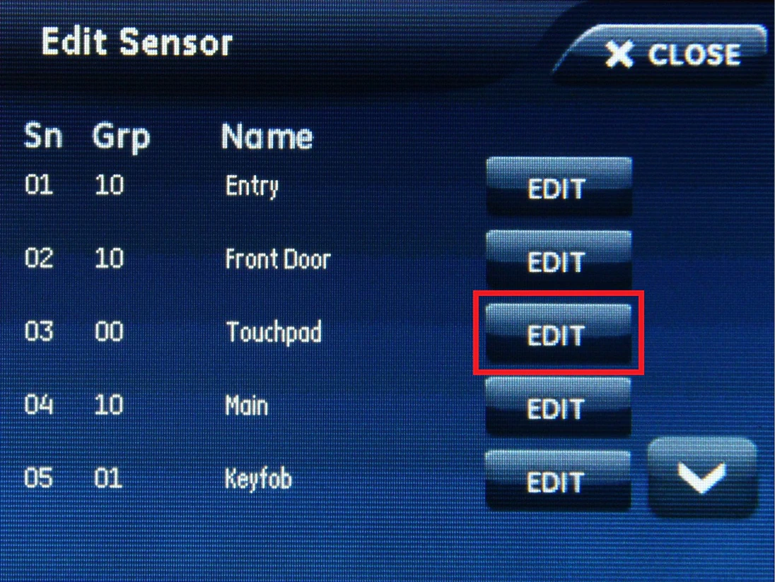 the Simon XTi edit sensor screen with a red square around the edit button for the remote touchscreen