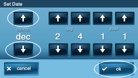 GoControl 2 Set Date panel screen with the up, down, and OK buttons circled