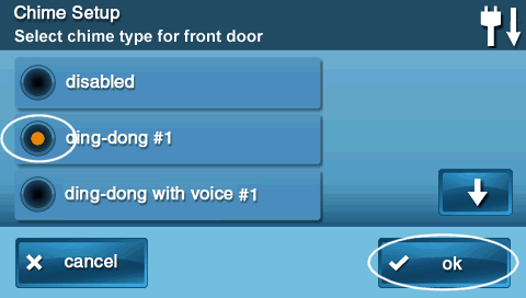 GoControl 2 panel Chimes Setup screen with ding-dong #1 selected and circled and the Ok button with a checkmark icon circled