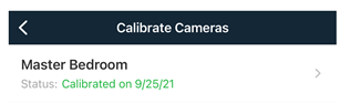 The Brinks Home mobile app Calibrate Camera screen with the Master Bedroom selection shown