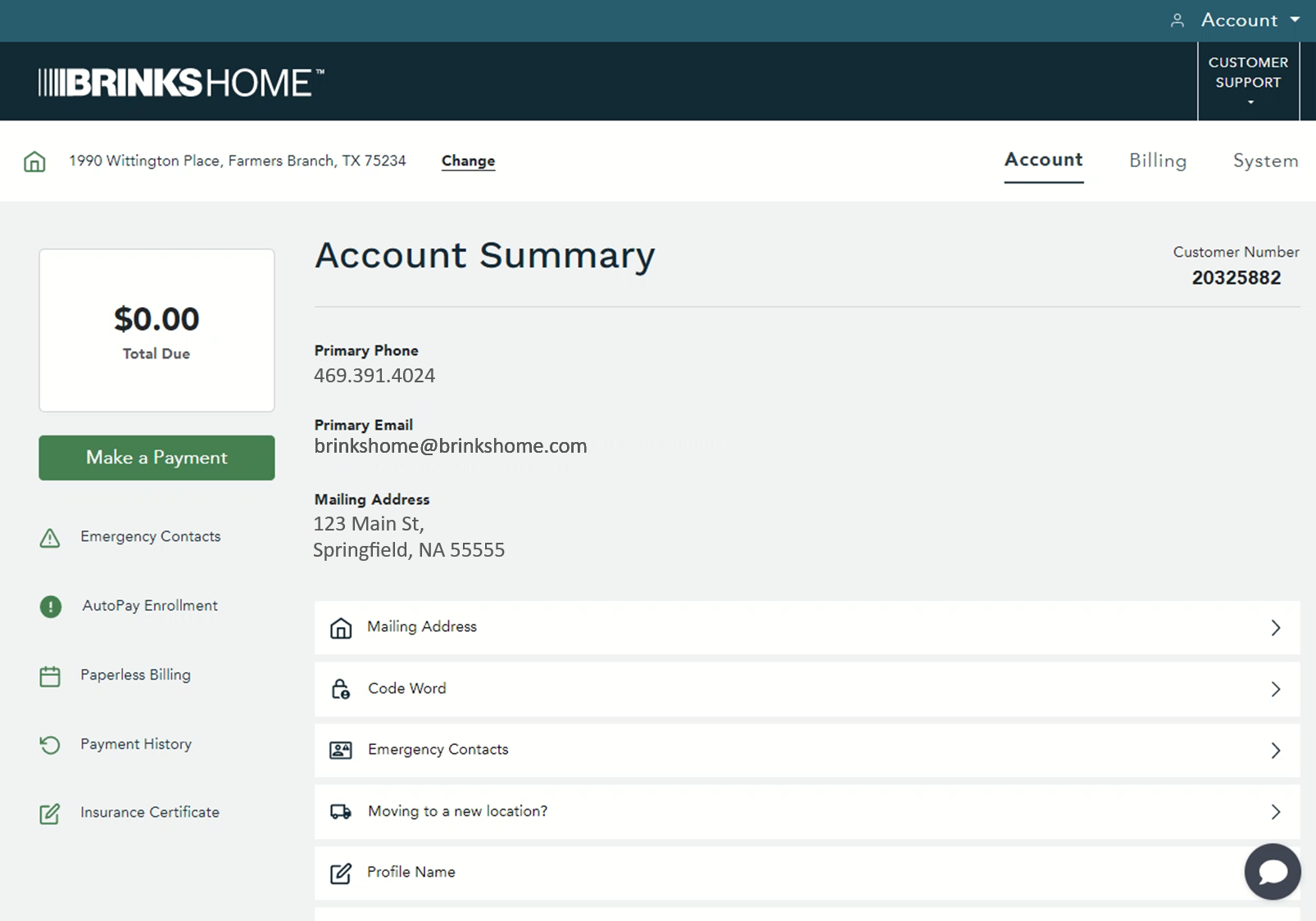 Brinks Home App Account Summary