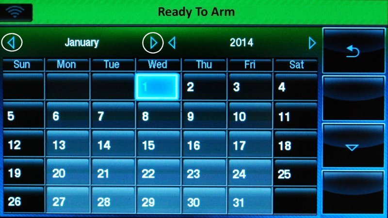 Lynx Touch screen with a calendar visible and left and right arrows circled