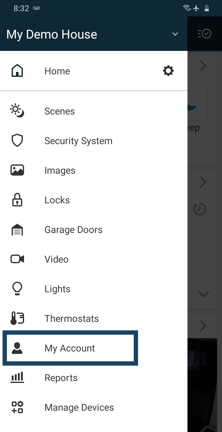 Mobile App Menu and My Account Option Selected