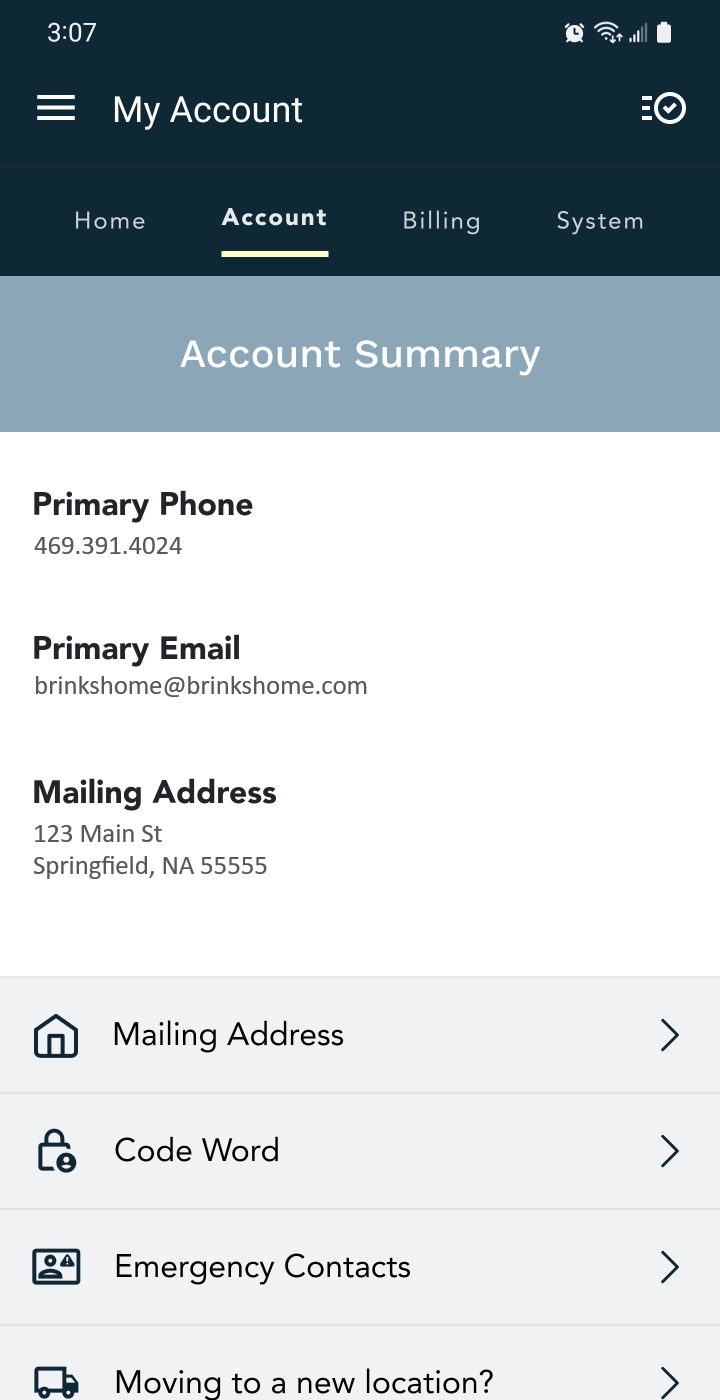 Brinks Home App Account Page - Sans Customer Number