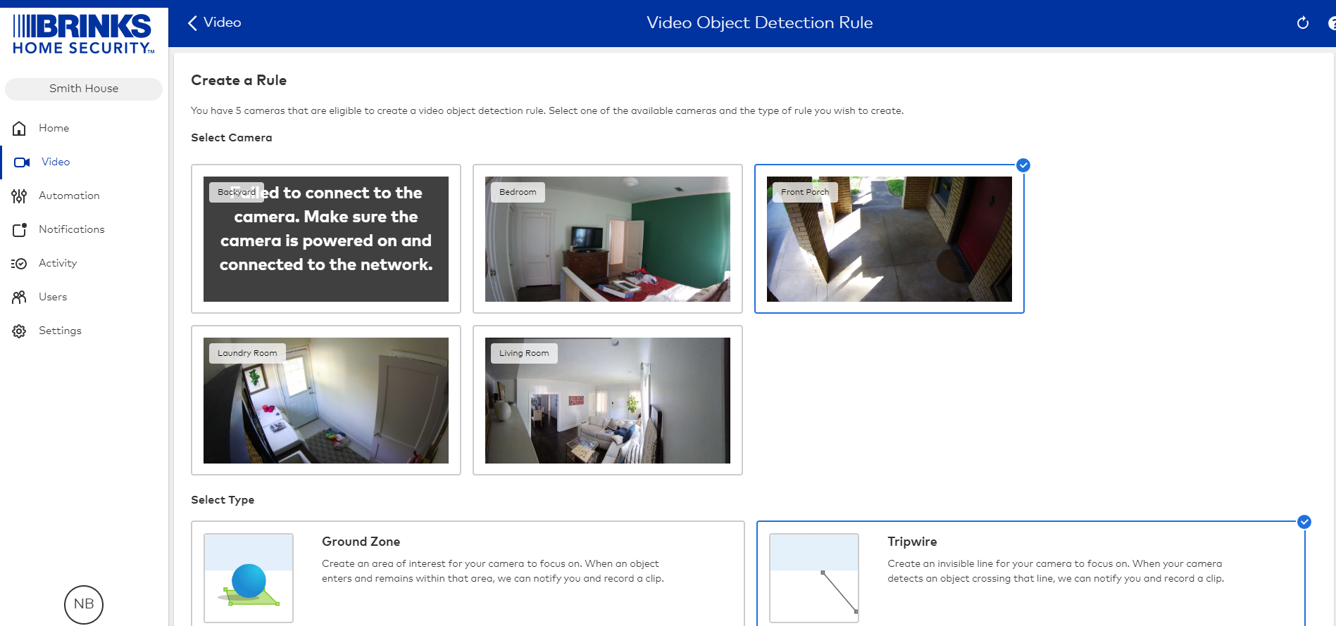 The Brinks Home desktop app Video Object Detection Rule screen with the Front Porch camera chosen under Select Camera and Tripwire chosen under Select Type