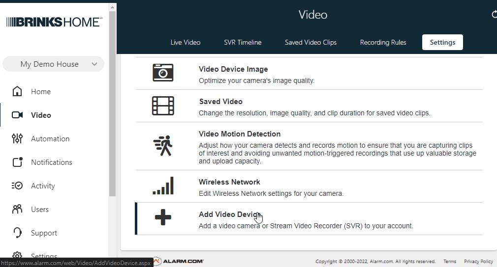 A picture of the Brinks home app desktop browser video settings screen with the mouse over the add a video device button