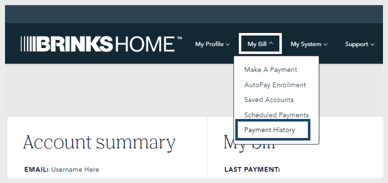 BrinksHome 2022 Portal My Bill Payment History Menu Option Sized and Bordered 775x366 (sans arrow)