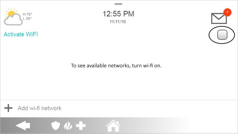 Picture of the IQ4 Hub Wi-Fi settings screen with a circle around the check box to enable Wi-Fi on the panel