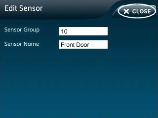 The Simon XTi panel Edit Sensor screen with the Close button circled