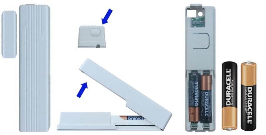 A series of images showing the process to replace 2 AAA Alkaline batteries on a door/window sensor