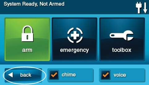 GoControl 2 panel Menu screen with checked boxes for Chime and Voice and the Back button circled