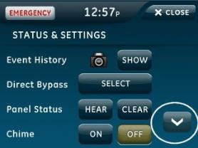 The Simon XTi panel Status and Settings screen with the down arrow circled