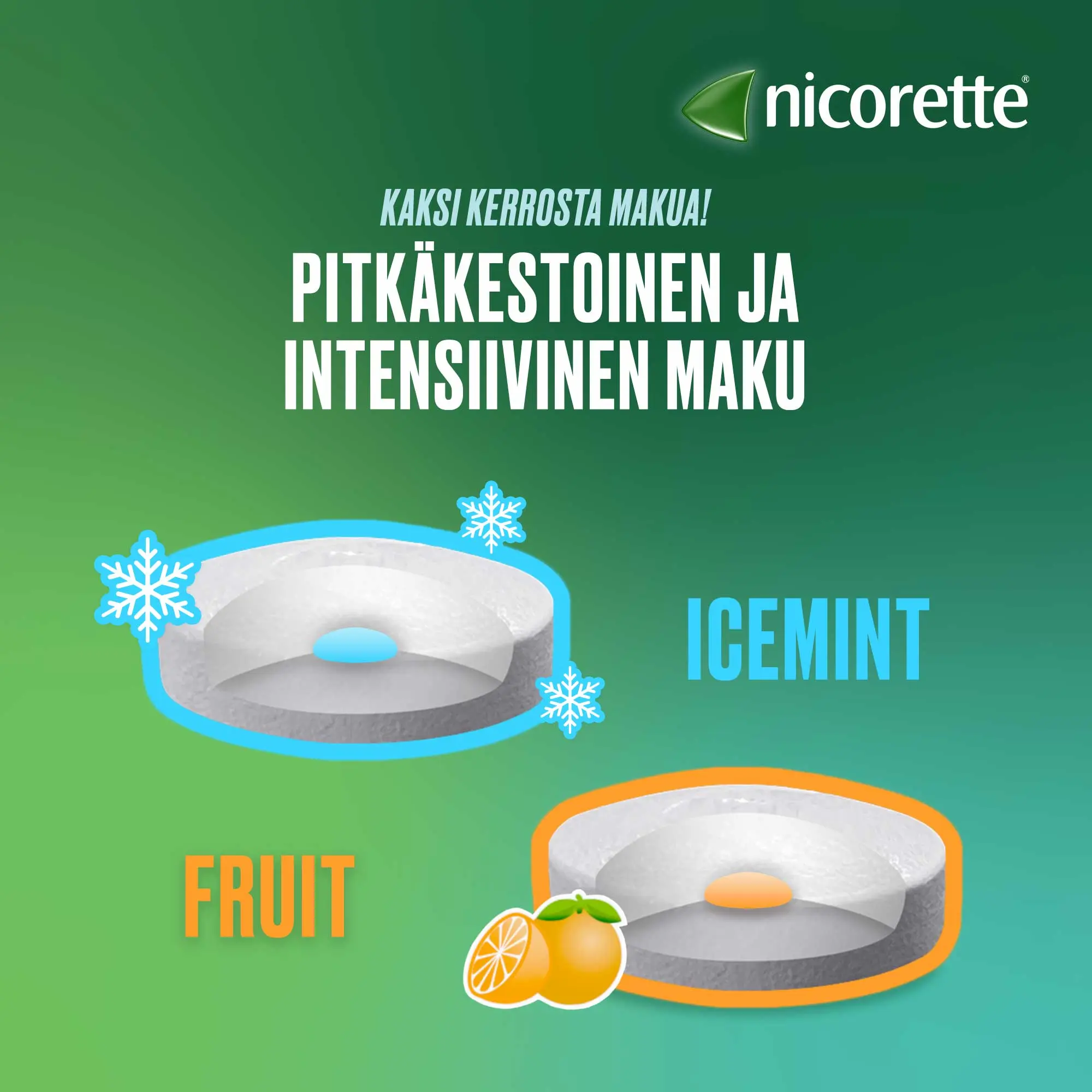 Nicorette®-imeskelytabletissa on kaksi kerrosta ja erityisen pitkäkestoinen maku
