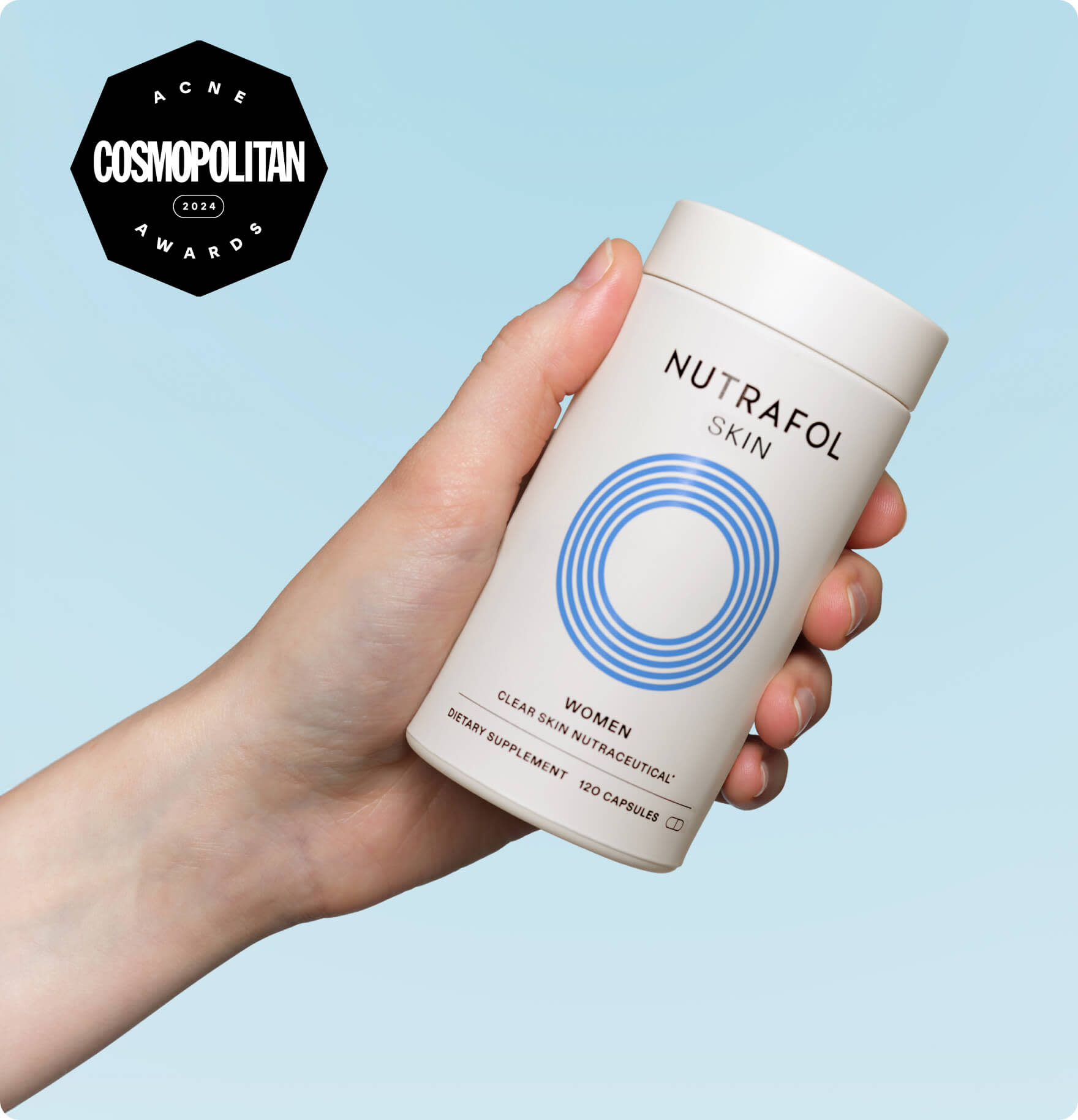 Nutrafol Clear Skin Nutraceutical bottle and pills.